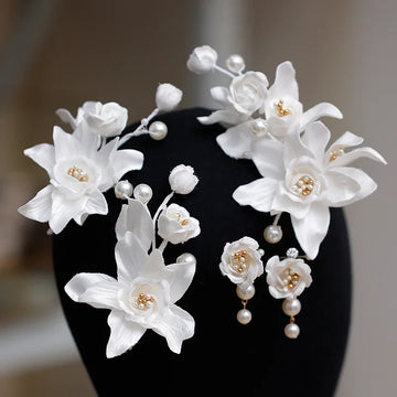 Pearl Head Piece White Flower Floral Hairpins For Brides Women Hair Pins Clips Earrings Set Wedding Accessories Bridal Jewelry