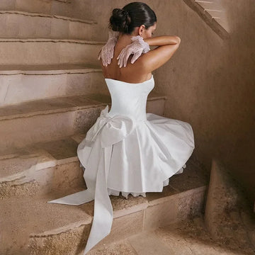 A-Line Short Wedding Dresses Sweetheart Pleats Brides Party Gowns for Women Summer Beach Country with Big Bow Vestido De Novia