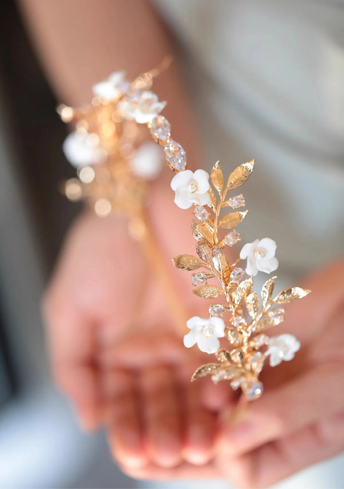 Bridal Hair Jewelry Porcelain Flower Headband Tiara Gold Color Leaf Headpiece For Brides Rhinestones Crown Wedding Accessories