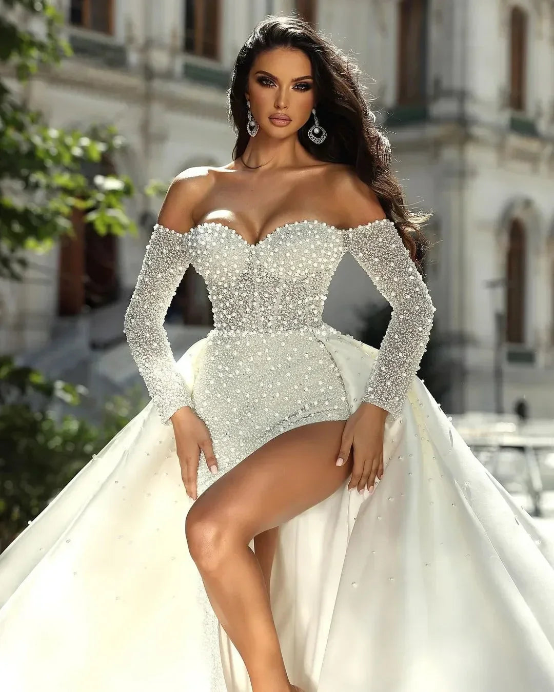 Fashion Mermaid Wedding Dress 2026 Sweetheart Off the Shoulder Pearls Side Silt Satin Bridal Bride Grown Vestidos De Novia