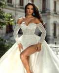 Off shoulder sweetheart pearls side slit satin mermaid bridal gown fashion wedding dress 2026 – Pollyanna Events