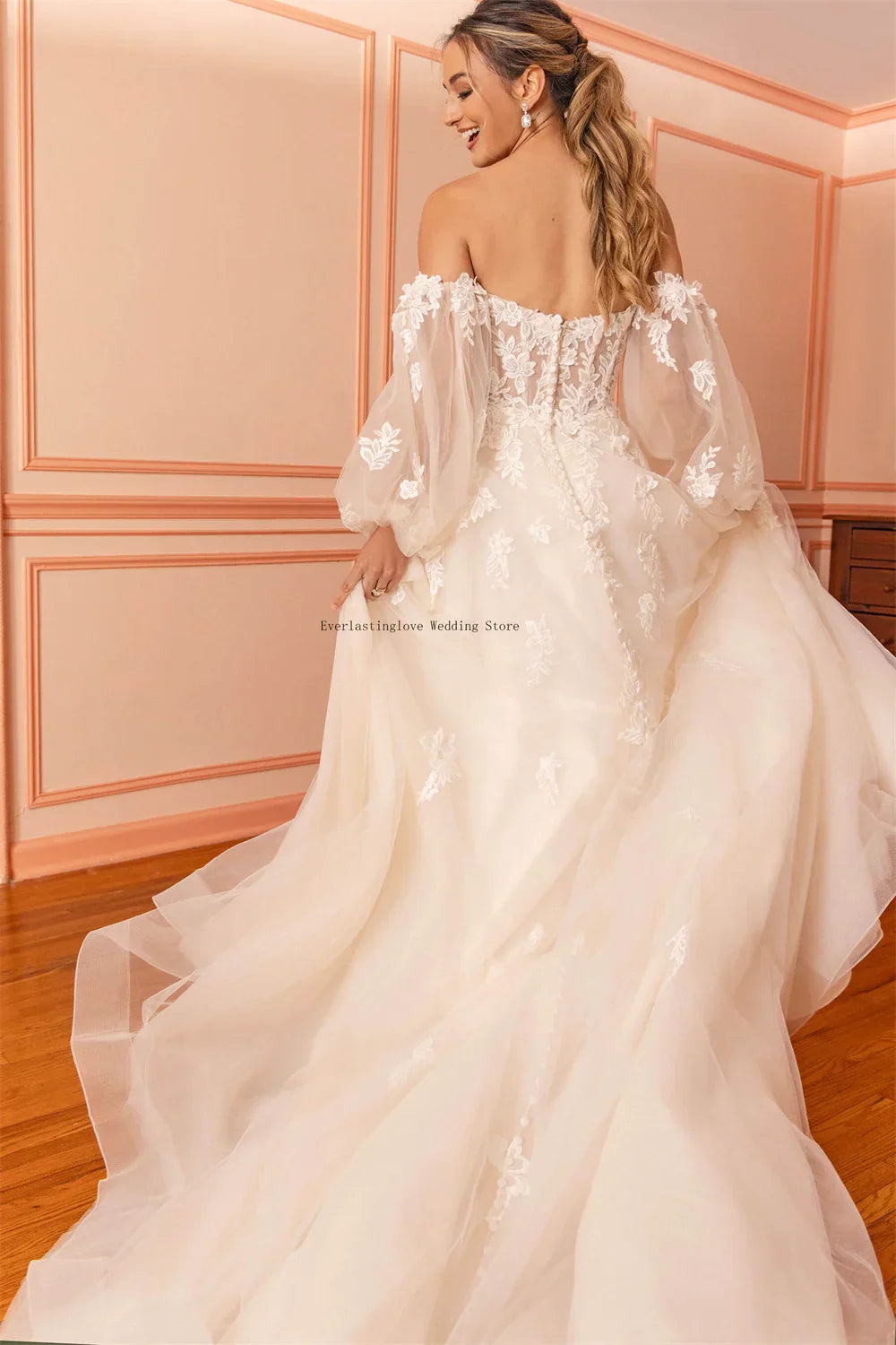 Elegant Long Puff Sleeves Sweethart Lace Applique A Line Bridal Grown Wedding Dresses Side Slit Custom Made Vestido De Noiv