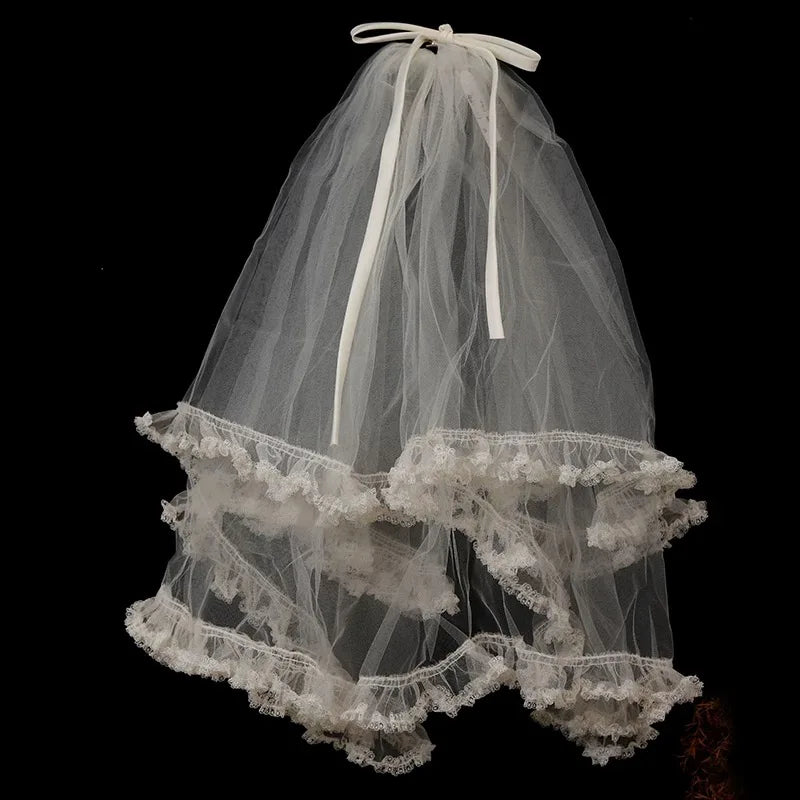 Short Bowknot Bridal Veil Lace Wedding Veils For Evening Dinner Party Dress Women Birthday Gift Hair Accessories Brides Jewelry
