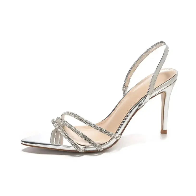 Silver crystal rhinestone narrow bands slingback summer women bride wedding 8cm thin heels sandals – Pollyanna Events