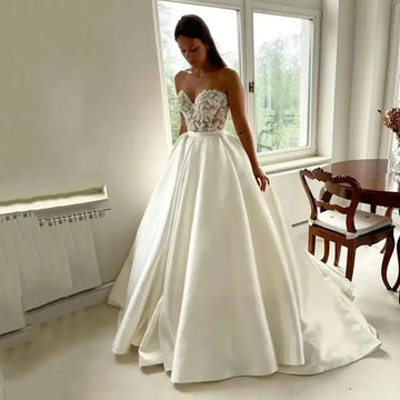 customized Elegant Wedding Dresses Ball Gown Simple Satin Sleeveless Sweetheart Beads Lace Bride Gown Vestidos De Novia