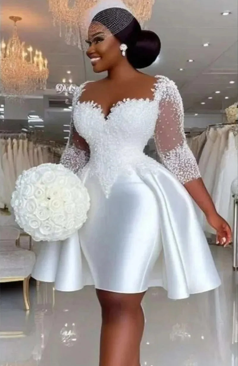 New short sheer neck half sleeves lace appliques pearls satin bridal gown wedding dress 2026 – Pollyanna Events