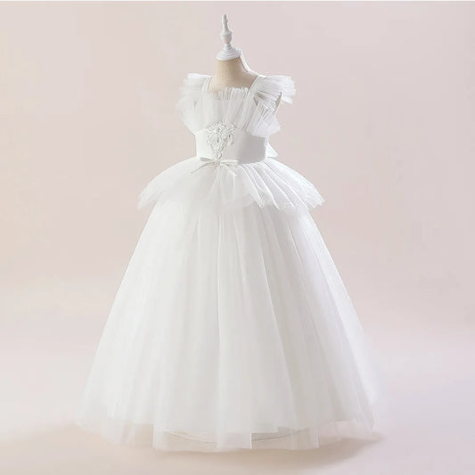 Girls Party Dress 130cm-160cm White Dresses Kids Ball Gown Wedding Birthday Piano Photograph Costumes Children