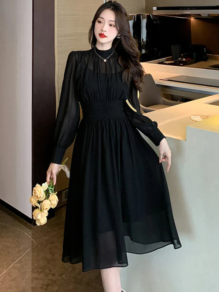 Women Korean Vintage Hepburn Dress Black Chiffon Long Sleeve Midi Dress Spring Summer Elegant Luxury Party Evening Dress