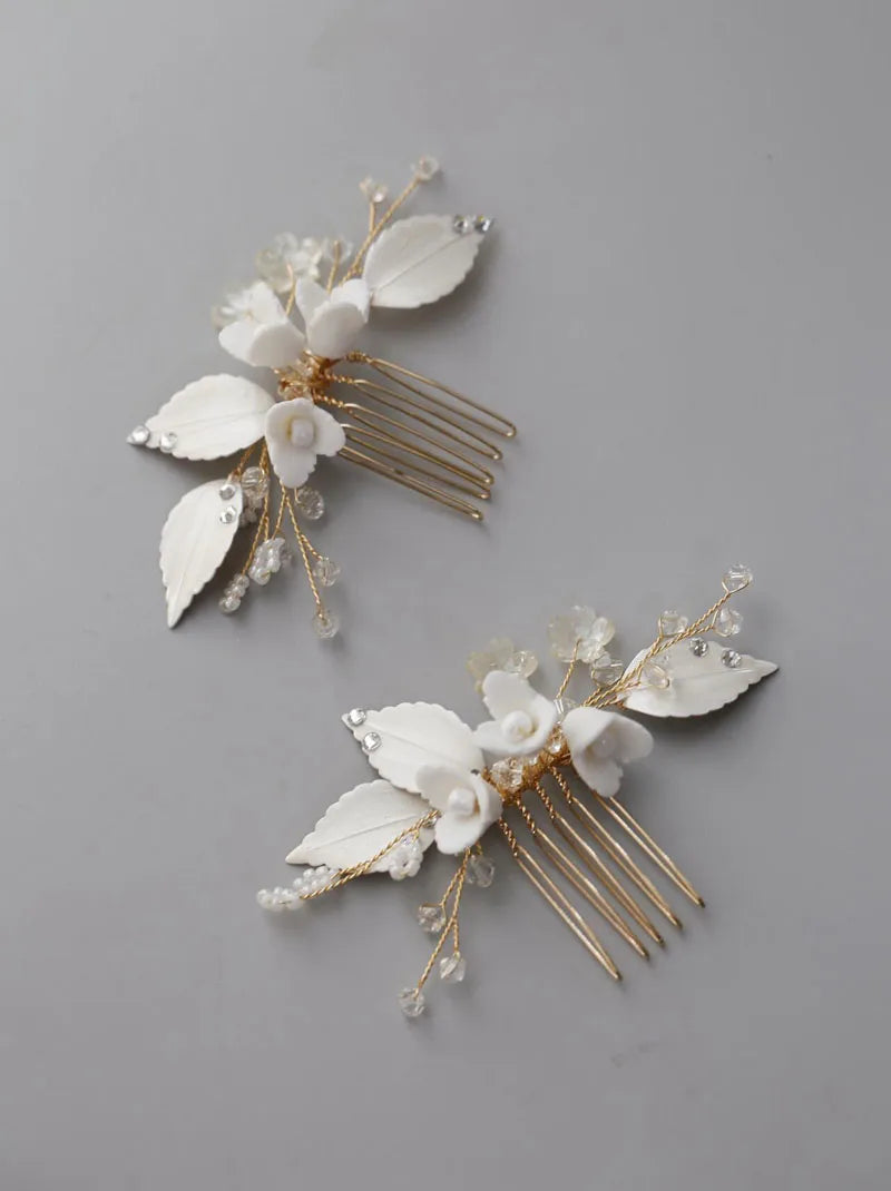 Porcelain Flower Head Piece Leaf Hair Comb Clip Pin For Bride Bridesmaids Women Hairpins Bridal Jewelry Wedding Accessories