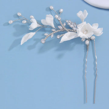Porcelain Flower Hair Pin Clip Zircon Hairpin Brides Bridesmaids Silver Color Head Pieces Wedding Accessories Bridal Jewelry