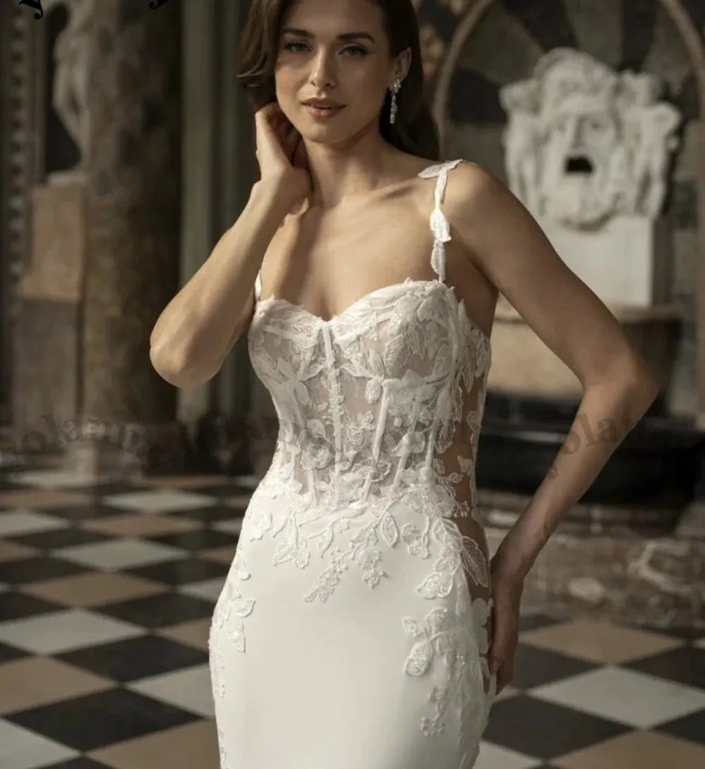 Sexy Mermaid Wedding Dress Sweetheart Straps Lace Appliques Sleeveless Cathedral Train Bride Bridal Gowns vestido de novia