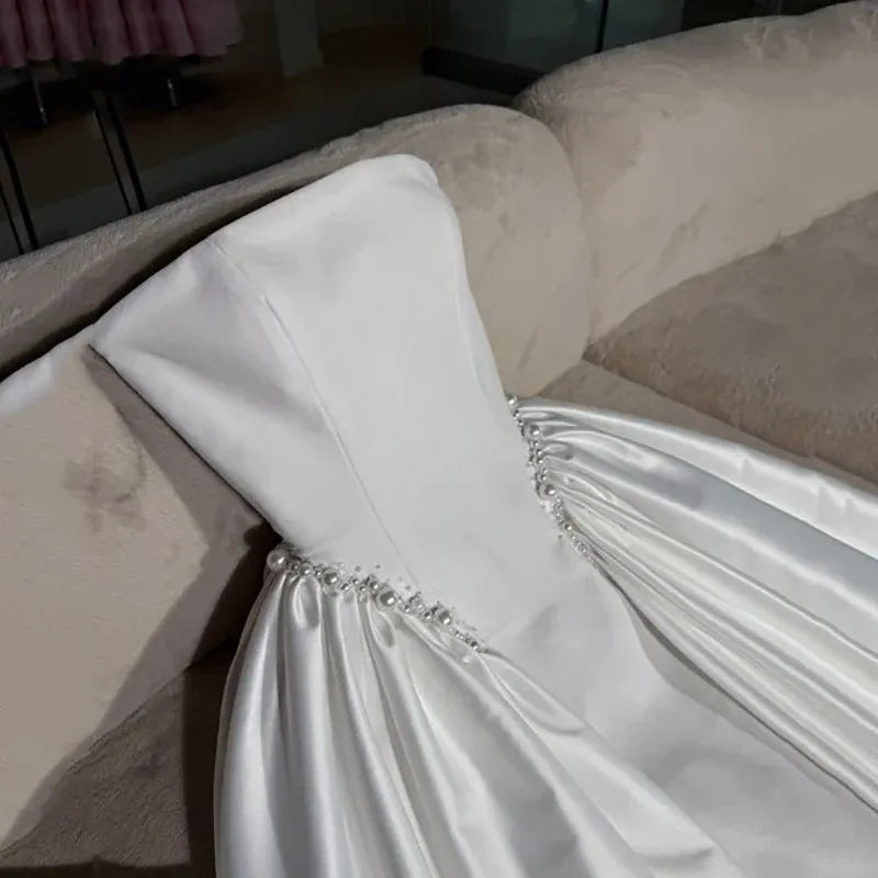 Gorgeous A-line strapless pearls satin floor-length formal bridal gown wedding dress – Pollyanna Events