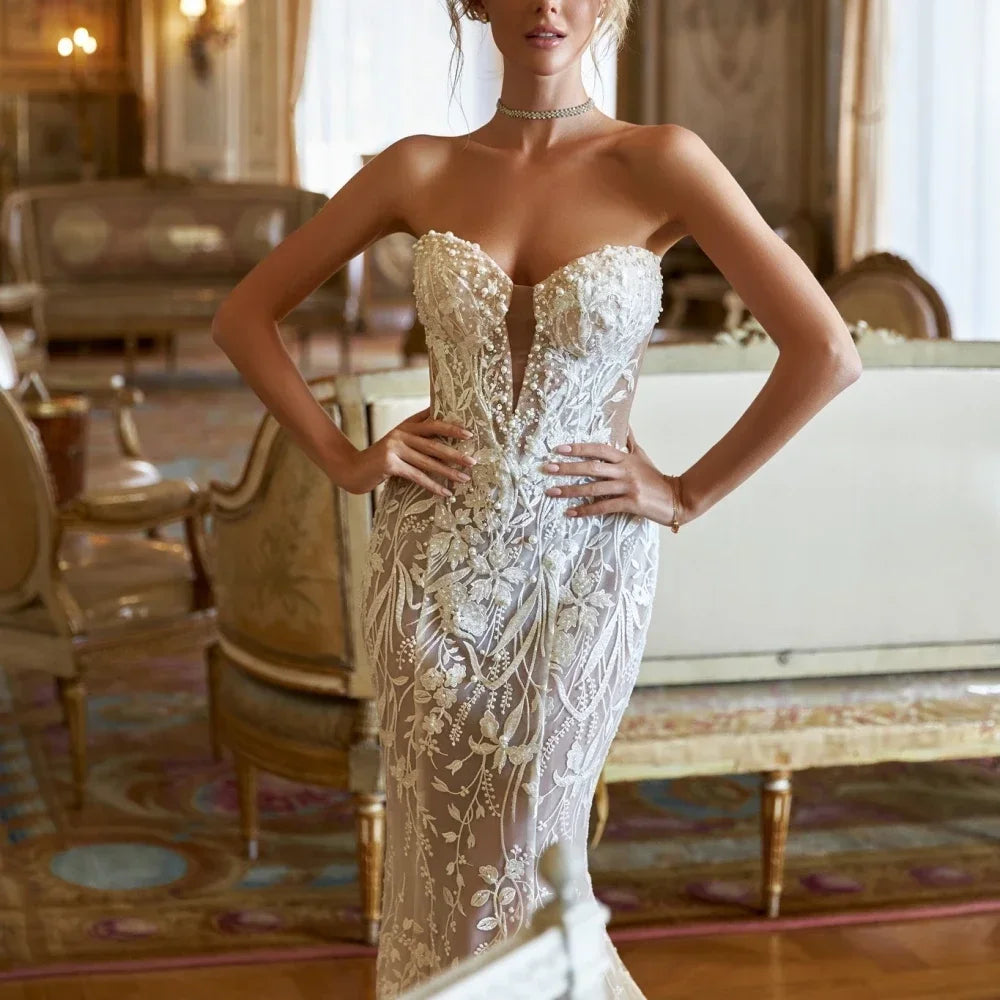Customized Detachable Train Mermaid Wedding Dress Sexy Sweetheart Bride Robe Lace Appliqu Glitter Pearls Vestido De Novia