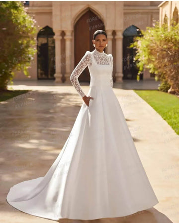 Simple A Line Wedding Dresses Woman's Formal Appliques Bridal Gowns Sweep Train Satin Long Sleeve Vestidos De Novia Customized