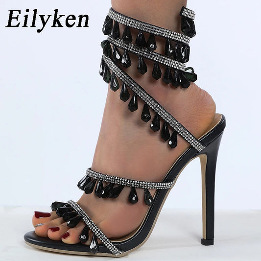 Eilyken Nouveau été femme ouverte ouverte Sandales Fashion Sexy Crystal String String Bead Nightclub Partwalk Chaussures de talons hauts minces