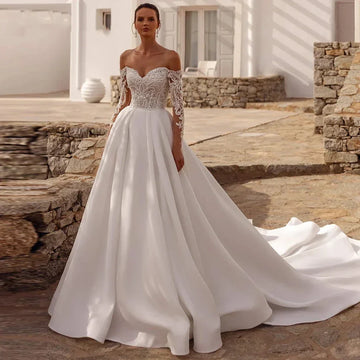 Elegant A-line Wedding Dresses Long Sleeves Lace Appliques Illusion Satin Court Train Formal Bridal Gowns  Vestidos De Novias