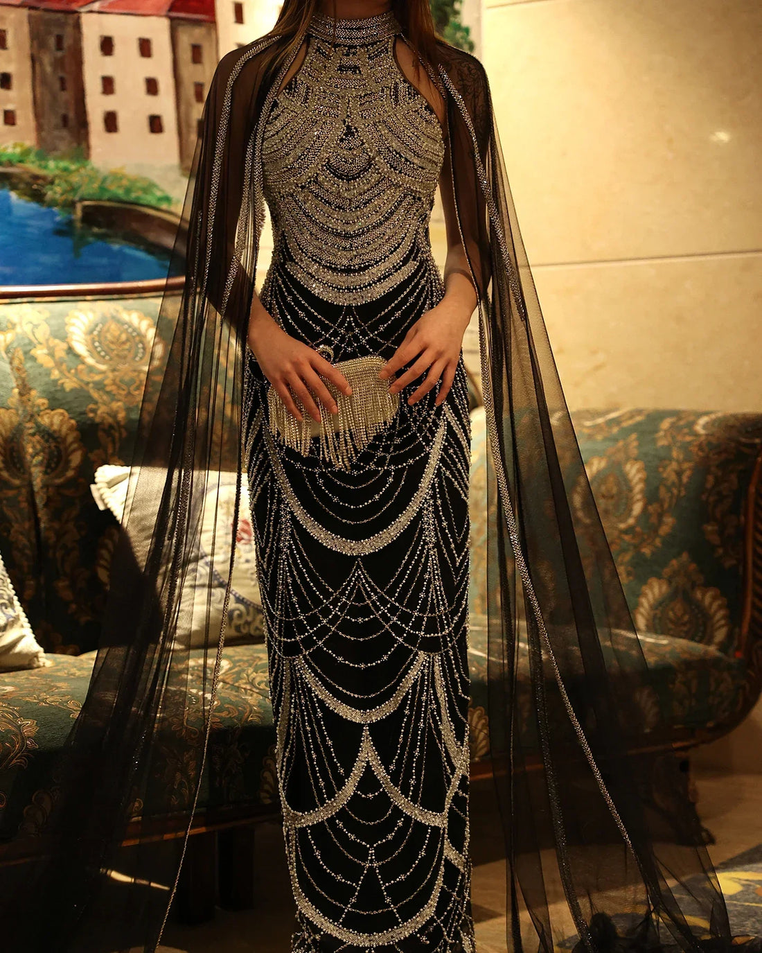 Luxury Dubai Black Evening Dress with Cape Sleeves Elegant Arabic Women Party