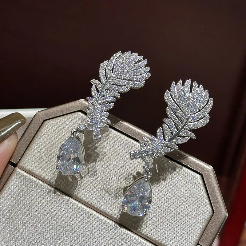 AAA Zircon Bridal Earrings Feather Cubic Zirconia Wedding Earring For Bride Bridesmaids Accessories Women Birthday Gifts Jewelry