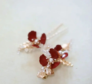 Red Flower Hair Pin Clip Leaf Head Piece For Brides Women Pearl Hairpin Party Dinner Dress Bridal Jewelry Wedding Accessories