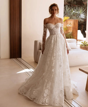 Customized White Lace Wedding Dresses Long Sleeve Pearls African A-line Bride Dress For Women Off Shoulder Vestidos De Novia