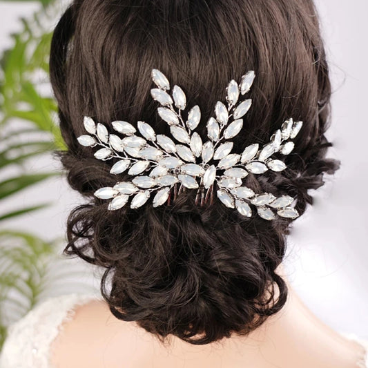 Floralbride fatto a mano in lega alla moda blu cristallo opale strass di strass per capelli da sposa pettine per matrimoni da donna per ragazze gioielli