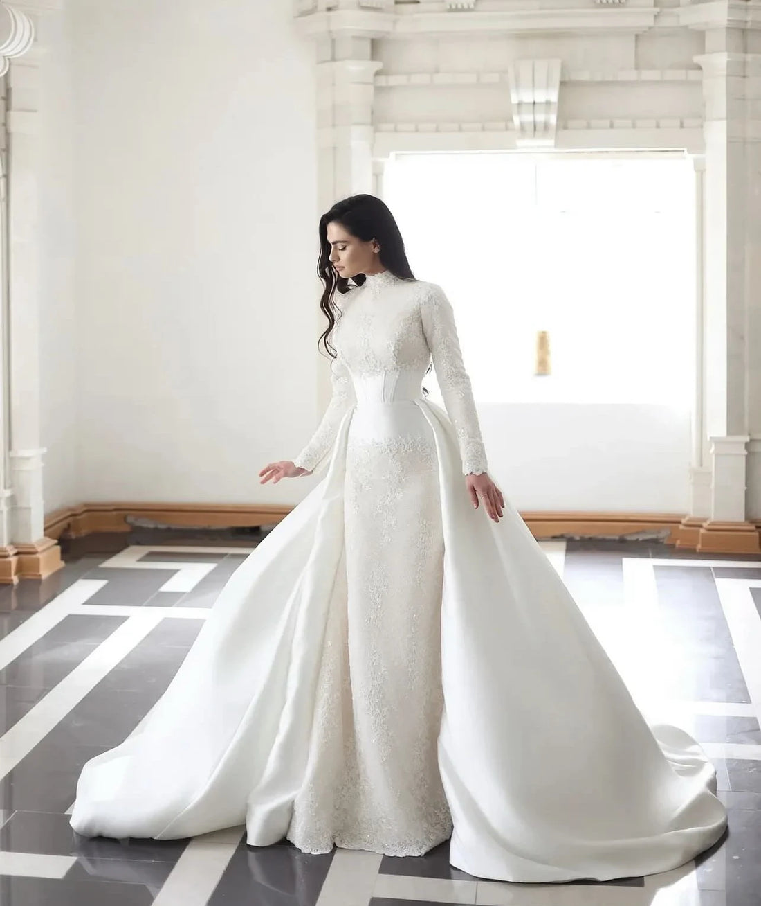 Eightale Arabic Wedding Dress White Ivory Mermaid Long Sleeves Pleats Lace Muslim Satin Bridal Gown Robe De Mariée Customized