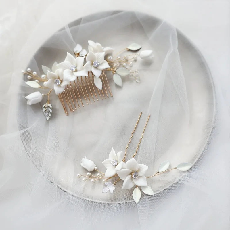 Bridal Jewelry Porcelain Flower Hair Clip Comb Crystal Hairpin Women Bride Bridesmaids Gold Color Head Piece Wedding Accessories