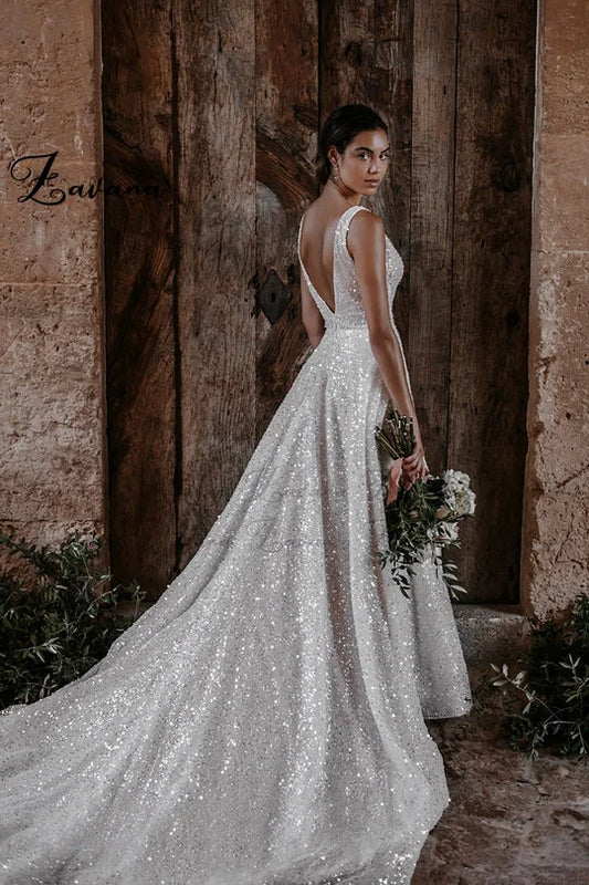 Zavana Sparkly Deep V Neck Wedding Dresses for Bride Sequins And Beads A Line Sleeveless Backless Court Train Personalised