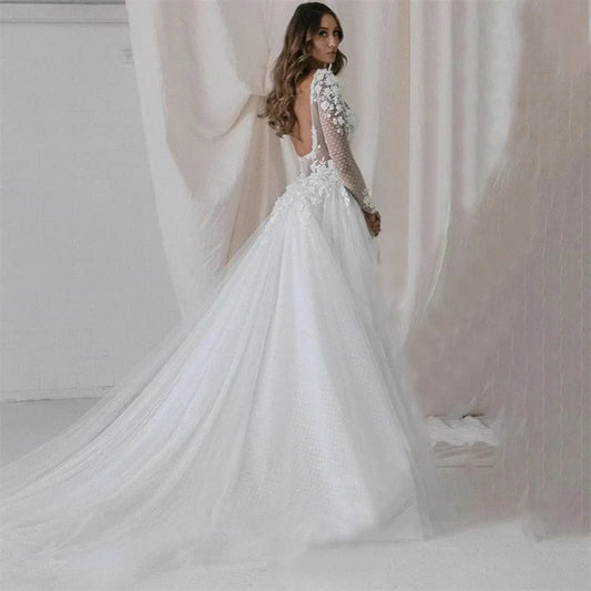 Elegantes vestidos de novia con collar cuadrado de tren desmontable aplicaciones de encaje de mangas llenas túnicas vintage vestidos de novia