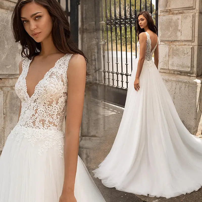 Customized Boho Wedding Dresses 2025 A Line V Neck Tulle Backless Bridal Gown Sleeveless Lace Appliques Formal Wedding Gowns