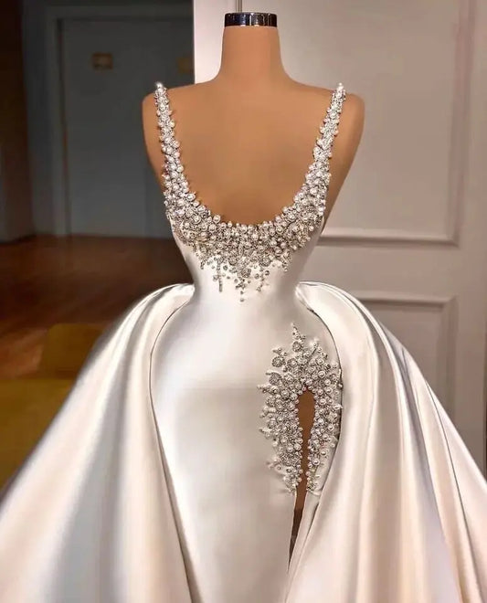 Luxe kralen Mermaid Pearls Bruidsjurk met afneembare treinzijde gesplitste trouwjurken voor vrouwen op maat gemaakte Vestido de novia