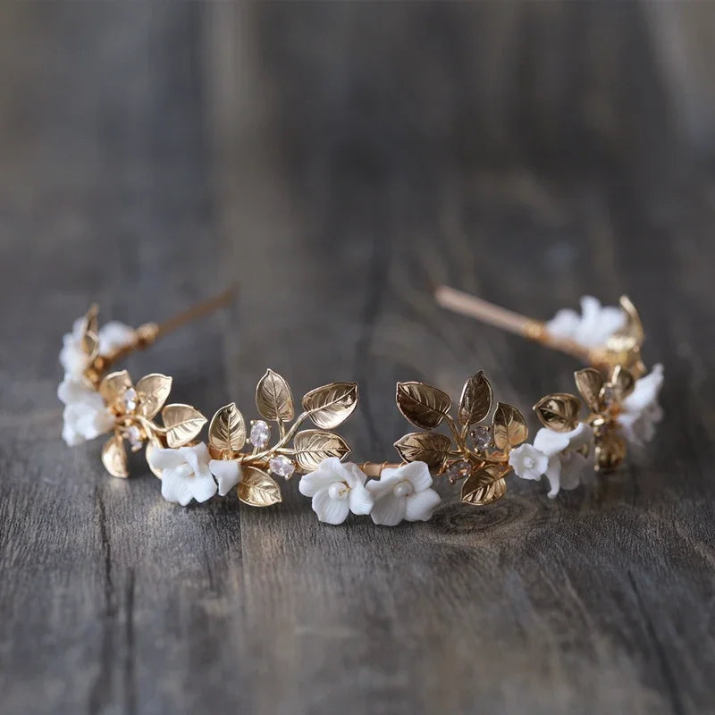 Vintage Gold Color Headband Hairband Porcelain Flower Leaf Zircon Headpiece Bride Women Wedding Accessories Bridal Hair Jewelry