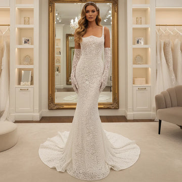 Elegant Sheath Lace Wedding Dresses For Bride Mermaid Long Square Collar Backless Bridal Party Gown With Train Vestidos Novia