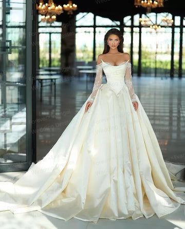Exquisite Wedding Dresses A Line For Woman Sexy Pleat Satin Appliques Long Sleeve Off Shoulder Bride Gowns Vestidos Customized