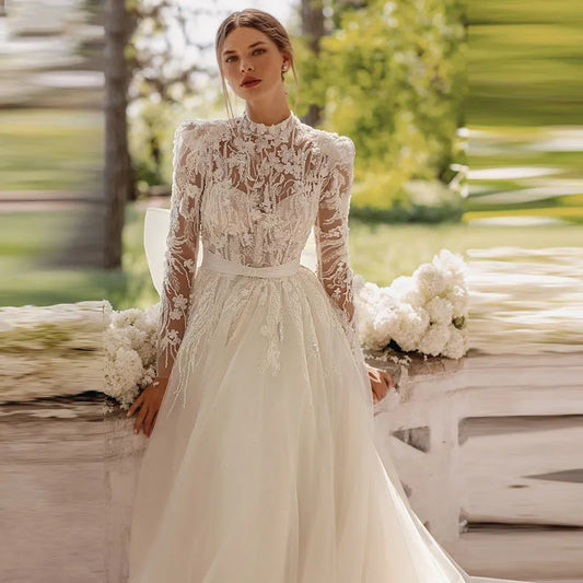 فستان زفاف الأميرة للنساء 2024 تول فستان زفاف أنيق بأكمام طويلة دانتيل مزين بحزام فيونكة Vestidos De Novia