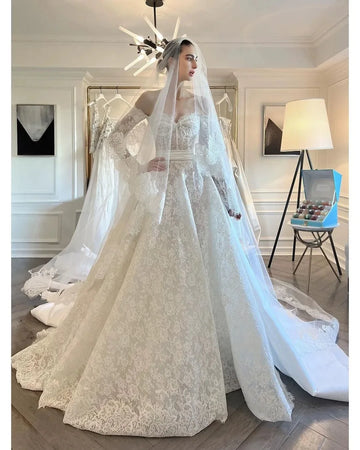 Customized Luxury A-Line Wedding Dresses Long Sleeve Ball Gown Wedding Dress Bow Princess Bride Vestido de Noiva