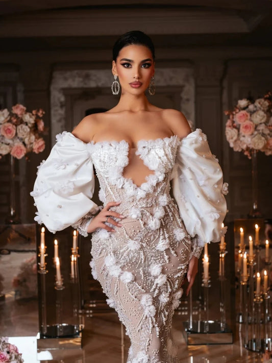 Off the Shoulder Mermaid Weeding Dress Illusion Pearls Sequins Bride Robe Luxury 3D Flowers Bridal Dresses Vestidos De Novia