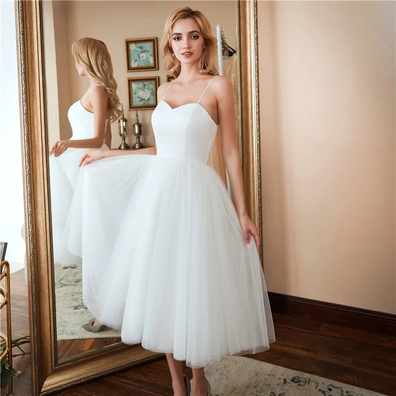 Tulle Wedding Dress Sexy Fashion Spaghetti Straps Simple Sukienka Na Wesele New Short Backless Vestido De Noiva Custom Made