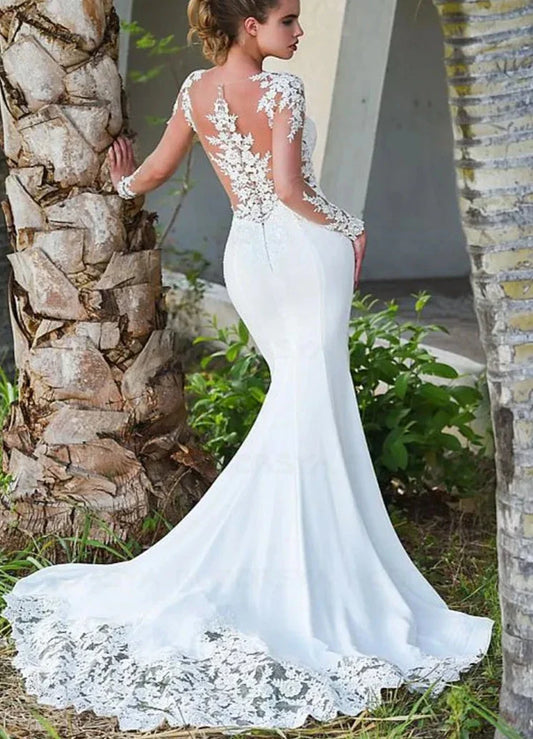 Long Sleeves Sheer Lace Appliques Mermaid Wedding Dresses Bridal Gowns See Through Back With Buttons Back Simple