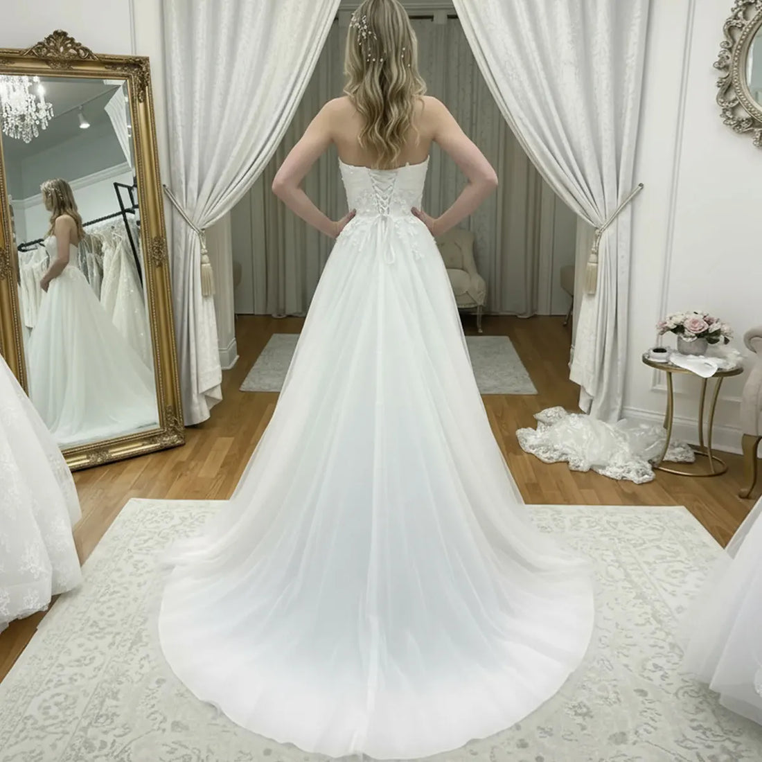 Romantic V Neck Tulle Long Ball Gown Wedding Dresses With Train Backless Lace Appliques Bridal Gown For Bride Vestidos Novia