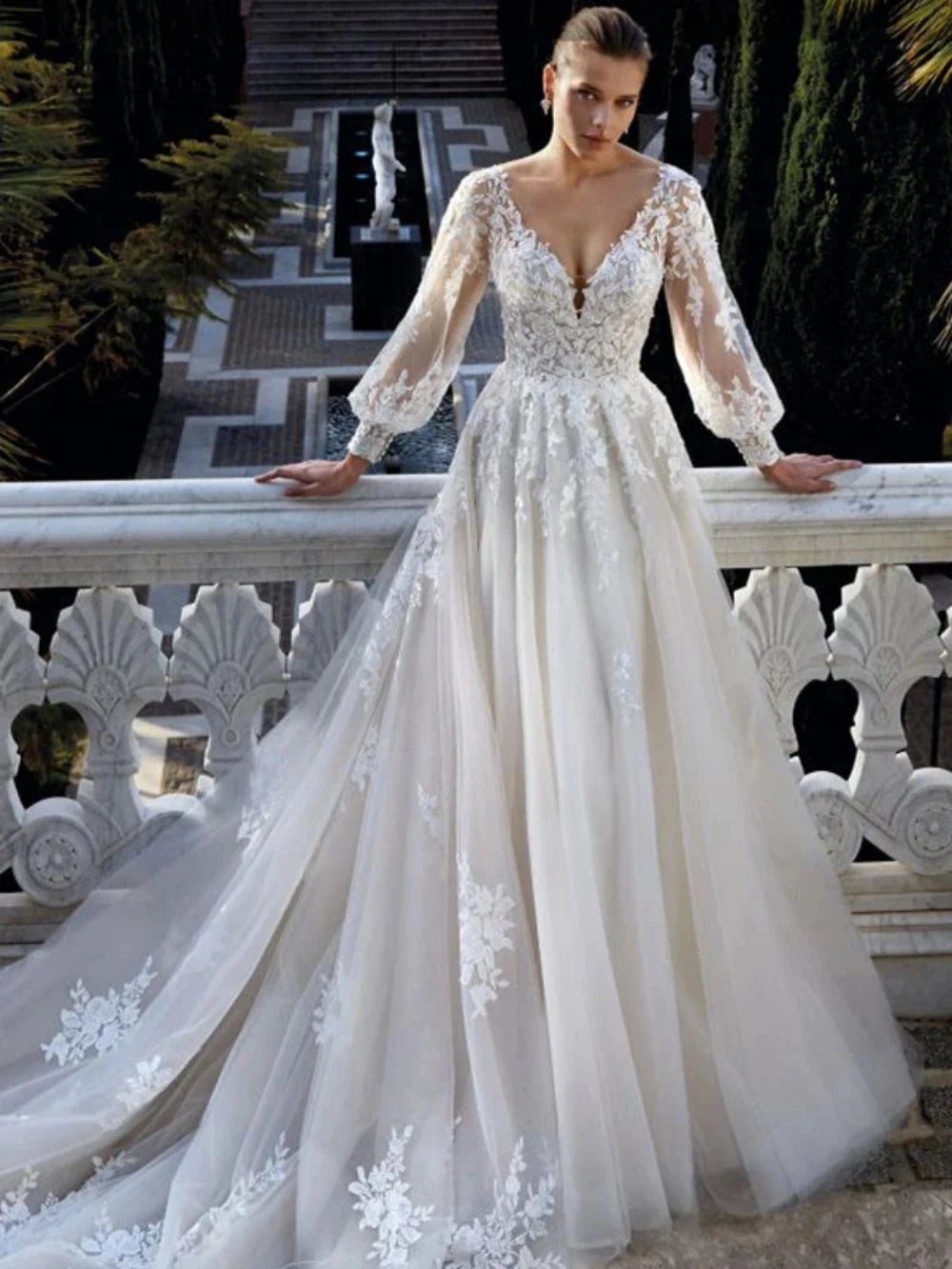 Bescheiden lange mouw trouwjurk klassieke kanten appliques bruid gewaad elegant vintage a-line tule lange bruidsjurk robe de mariée