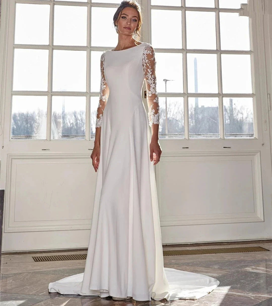 Vintage A-line Wedding Dress Scoop Lace Appliques Long Sleeves Illusion Buttons Back Satin Bride Gowns Robe Mariage