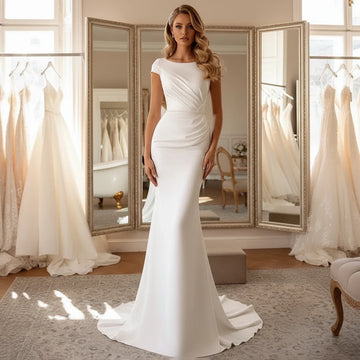 Romantic Sheath Pleated Sashes Wedding Dresses For Women Backless Mermaid Satin Bridal Party Gown For Bride Vestidos Novia