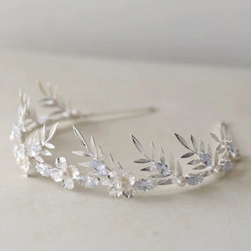 Bridal Hair Jewelry Pearl Crystal Tiara Headband Leaf Flower Headpiece For Brides Silver Color Headdress Wedding Accessories
