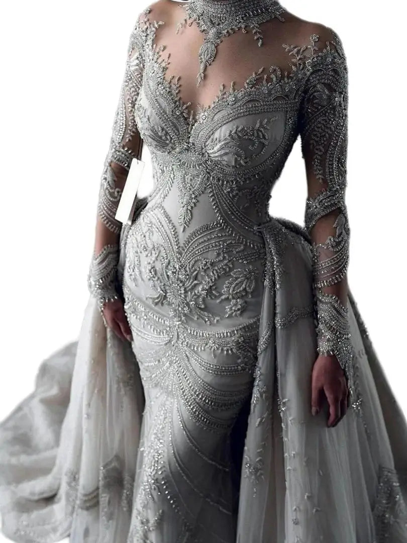 Розкішні два шматки Весільні сукні Русалки для жінок з знімним поїздом з довгими рукавами сукня нареченої на шиї на замовлення
