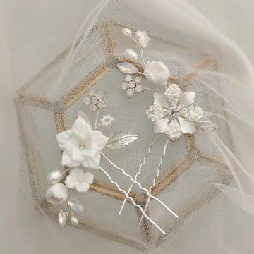 Porcelain Flower Hair Pin Clip Silver Color Head Piece For Brides Women Pearl Opal Hairpins Wedding Accessories Bridal Jewelry