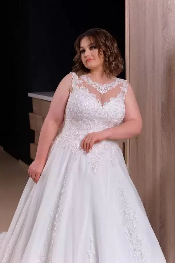 Customized Plus  Size Wedding Dresses Lace Appliques Scoop Neck Sleeveless A Line Bridal Gowns Elegant Woman Vestido De Novia