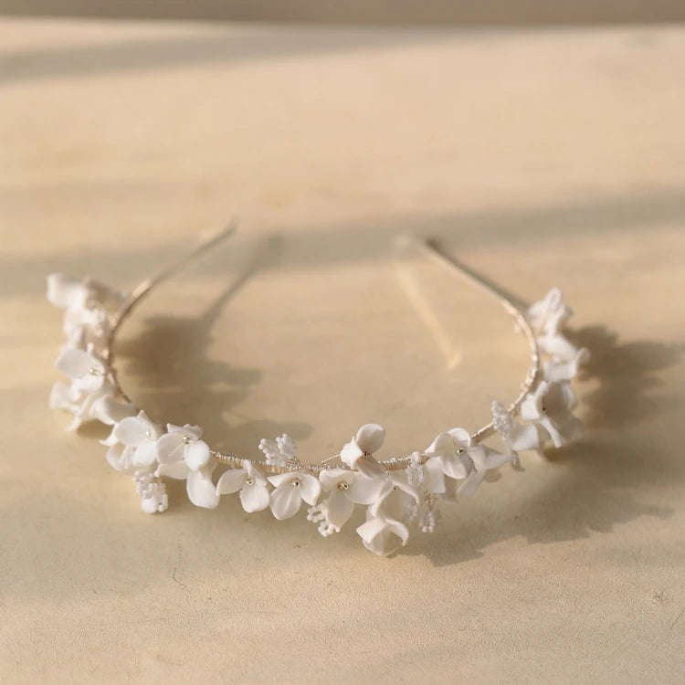 Porcelain Flower Headband Hairband For Bride Silver Color Headpiece Headdress Headwear Bridal Jewelry Wedding Hair Accessories