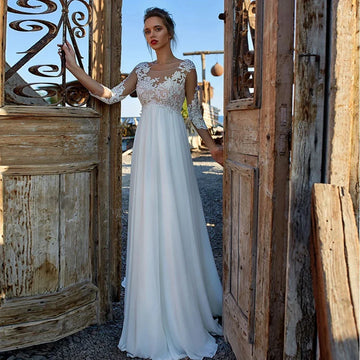 Classic A-line Wedding Dresses Scoop Empire Lace Appliques Illusion Chiffon Formal Bridal Gowns  Vestidos De Novias