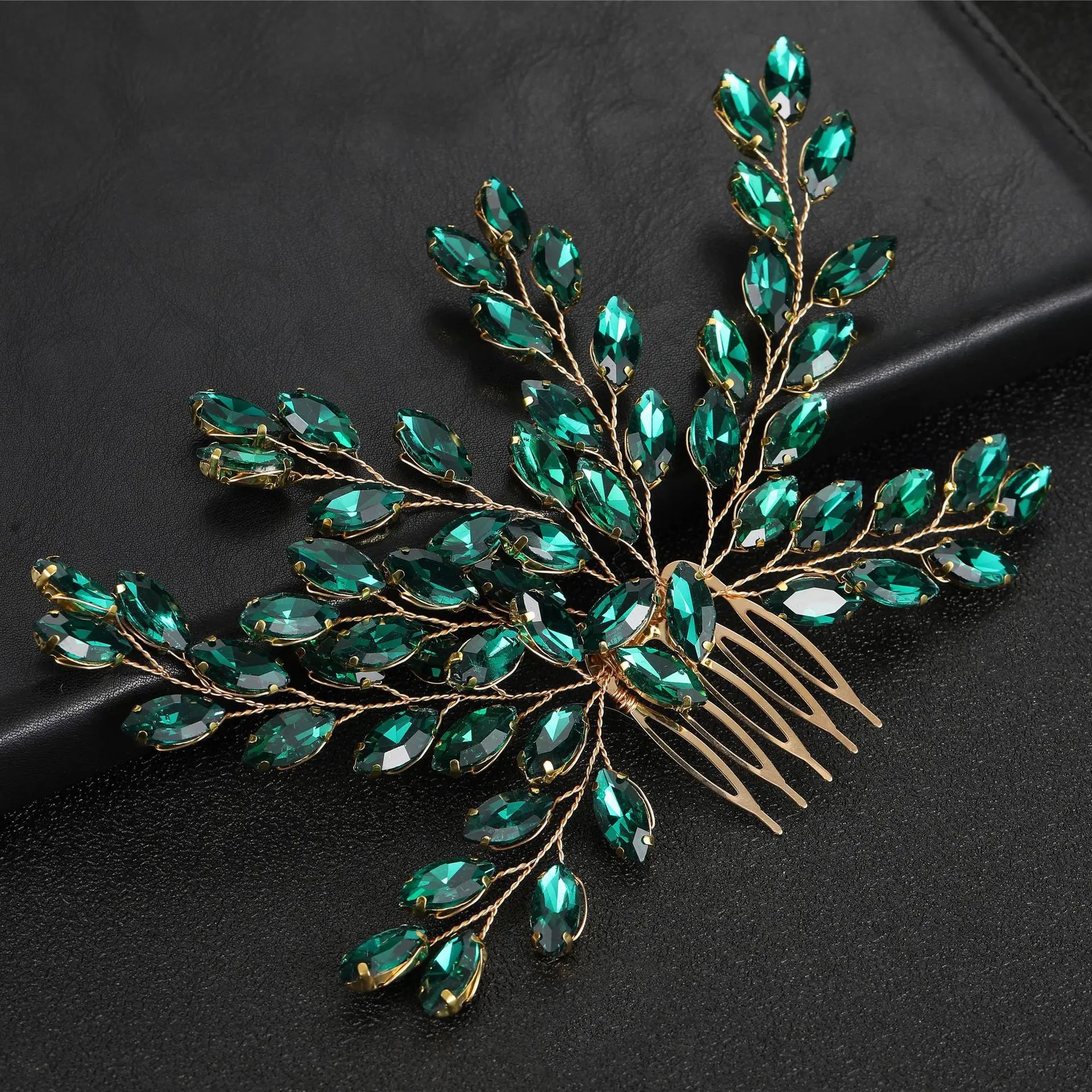 Floralbride Handmade Trendy Alloy Blue Opal Crystal Rhinestones Bridal Hair comb Wedding Headpieces Women Girls Hair Jewelry 1570 Gold Green